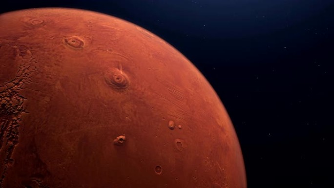 火星在太空中，有被照亮的陨石坑和火星山脉