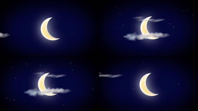 梦幻般的星空，有星星，大新月和云。3D动画以4k格式渲染