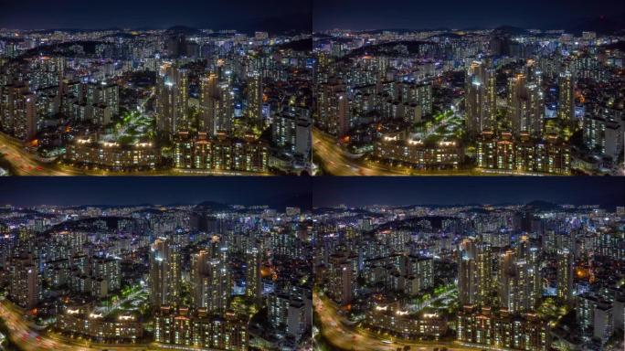 韩国首尔市夜间照明空中全景4k延时飞行