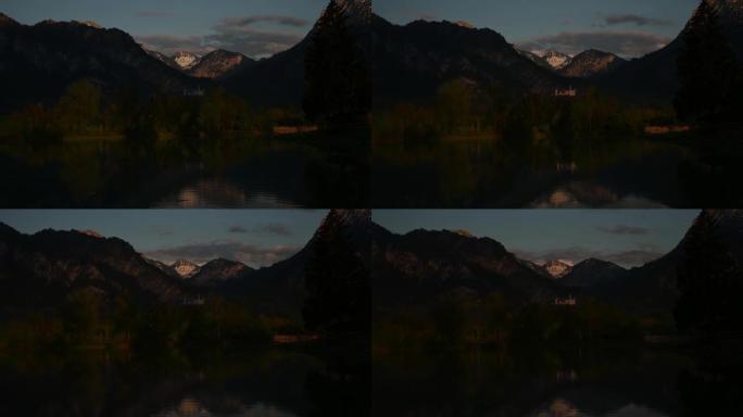 福根湖和新天鹅堡日落时的延时景观