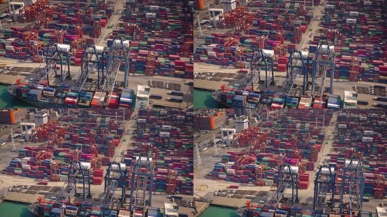 晴天香港城市港口集装箱码头交通空中俯冲全景4k