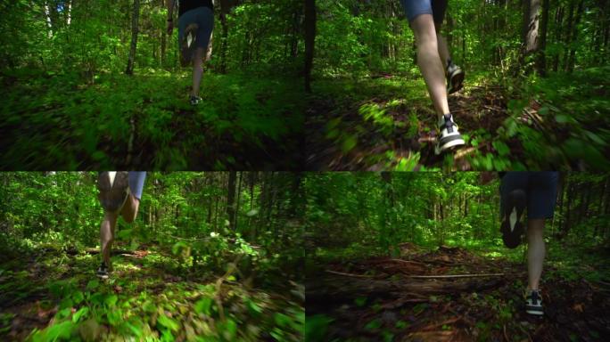 慢动作宽摄影车拍摄的一个人t恤上跑在森林