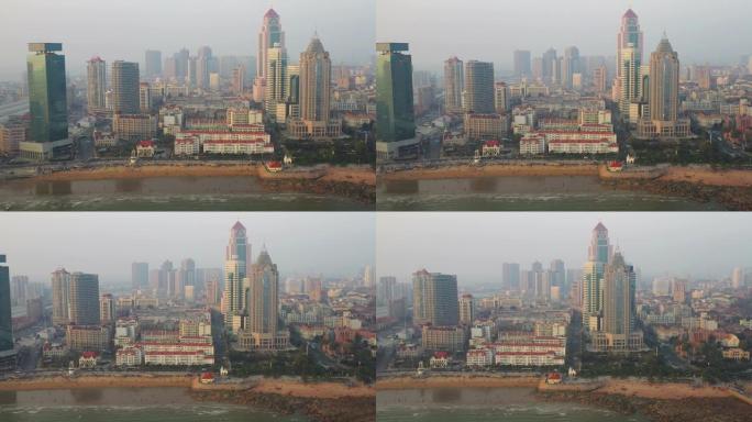 日落时间青岛市海滩交通湾空中全景4k中国