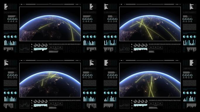 行星地球3d在分析显示。在亚洲大陆移动的快速线路，是数据传输和数字连接的象征。世界技术平视显示器界面