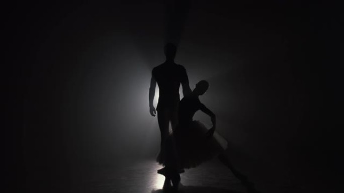 专业芭蕾舞情侣在大舞台上的聚光灯下跳舞。泛光灯背景上美丽的年轻女人和男人。情感二重唱表演舞蹈艺术。慢