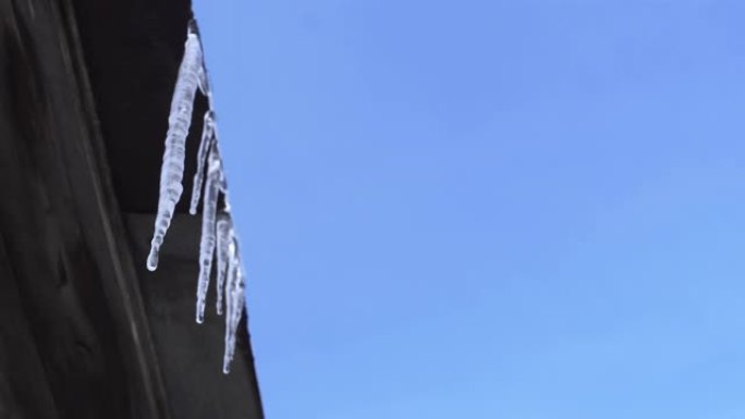 悬挂的冰柱在屋顶上融化。冬末春初概念。水滴在滴落。温暖的天气。季节的变化。天空的仰视图。复制空间，放