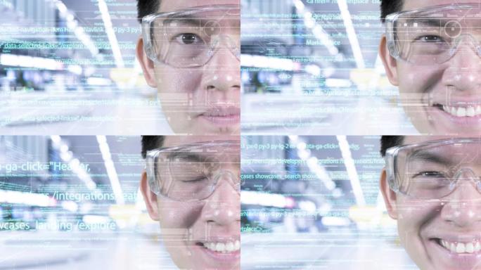 物联网物联网智能数字技术未来主义抽象背景，亚洲男人智能工程师佩戴智能眼镜与大数据AI控制数字数据编程
