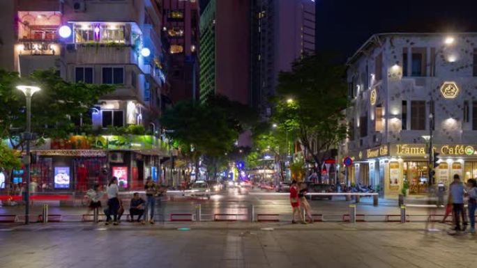 夜间照明胡志明市交通街广场全景4k越南