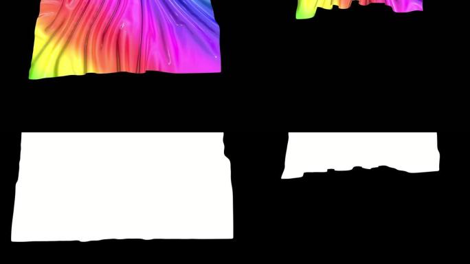 3d渲染撕裂屏幕彩虹色光泽织物，亮度哑光作为节日外观的阿尔法通道。窗帘从屏幕上飞出，在4k折叠上有美