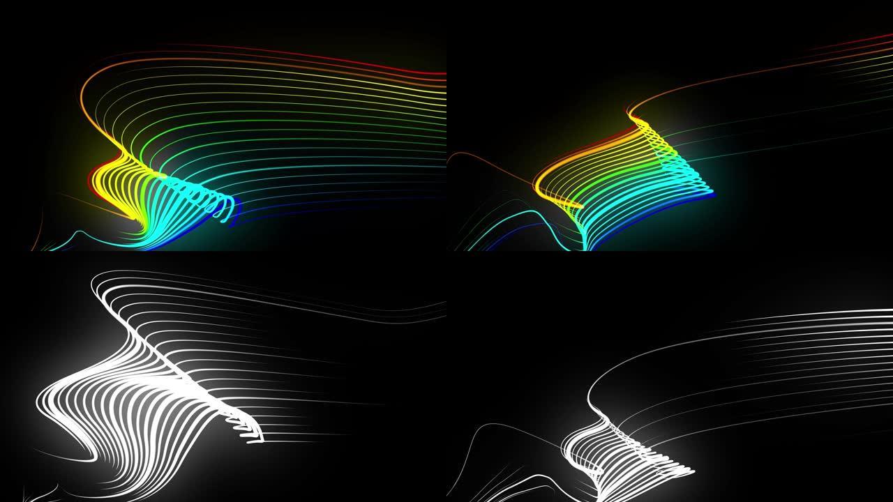 色带的多色霓虹灯线在空中飞舞，平稳地振荡和波浪。线条颜色会周期性地变化，形成行车灯。3d抽象循环4k