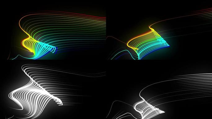 色带的多色霓虹灯线在空中飞舞，平稳地振荡和波浪。线条颜色会周期性地变化，形成行车灯。3d抽象循环4k