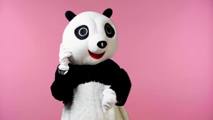 穿着熊猫熊服装的人在粉红色上打手势