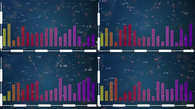 数字蓝色背景上的抬头和下降蜡烛条图的平视显示器图。