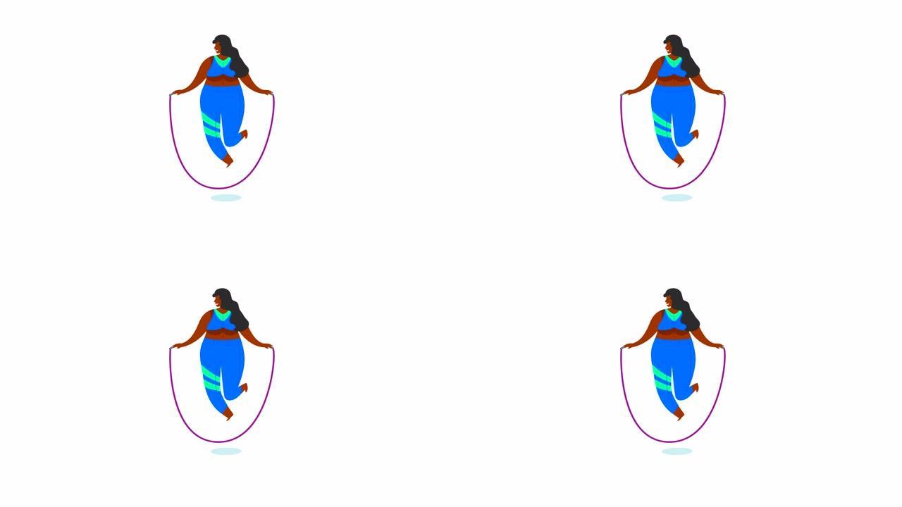 胖黑人女人在健身房里用绳子跳跃。健身动画概念。身体阳性
