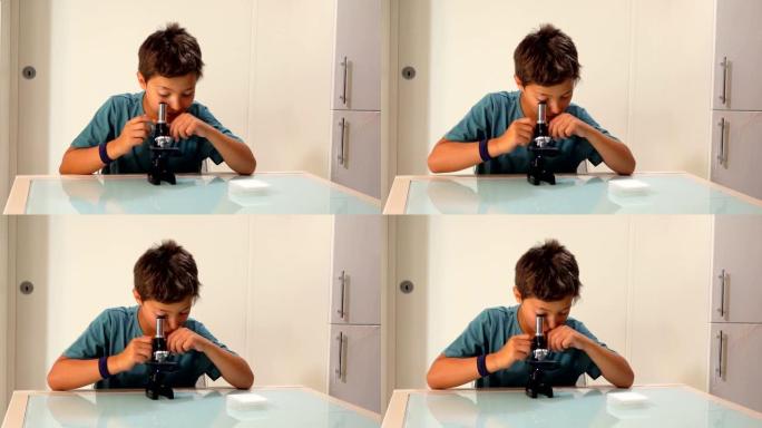 好奇的黑发少年正在通过显微镜观察