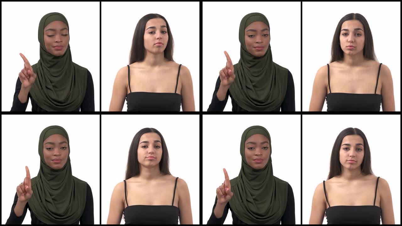 两个美丽的多种族女性的垂直拼贴，用食指运动表达排斥。不，停车标志。肢体语言概念