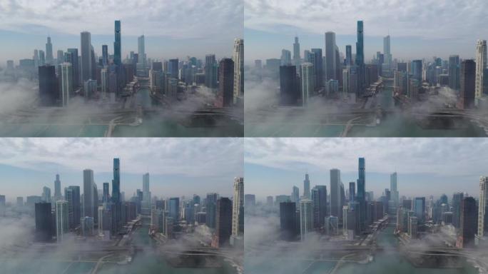 在大雾的日子里飞越芝加哥市中心