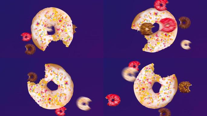 抽象彩色动画-在紫色渐变背景上咬了不同的甜甜圈-无缝循环。甜甜圈卡通流行艺术风格。复古设计。带有甜甜