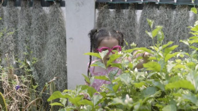 女孩在花园里摘茉莉花