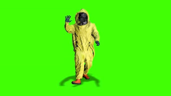 停止生物危害。穿着黄色危险品套装的男人做了一个停止手势。有细菌防护服的人。冠状病毒，SARS-nCO