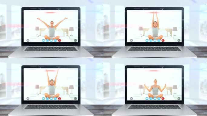 平板电脑动画显示一个白人妇女在锻炼。冠状病毒传播