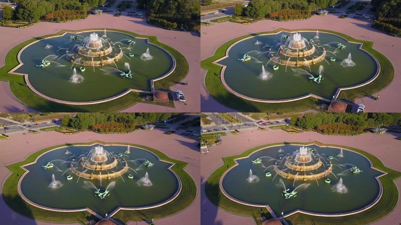 白金汉喷泉无人机视频美国伊利诺伊州芝加哥市中心