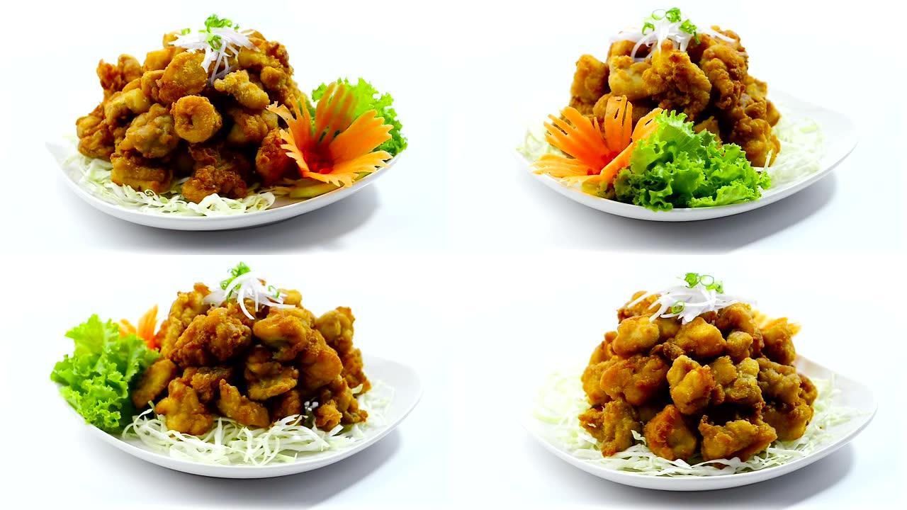 鸡肉，Karaage日本炸鸡洋葱和葱开胃菜