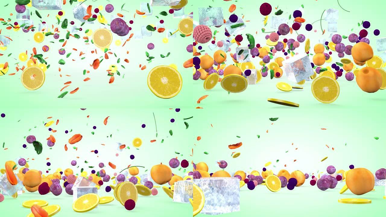 水果混合，动画水果运动，3D动画。