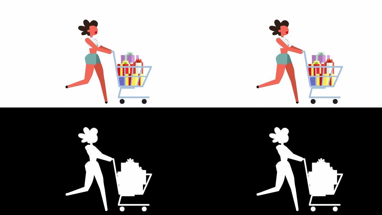 简笔画彩色象形女女孩角色跑带购物车满货卡通动画