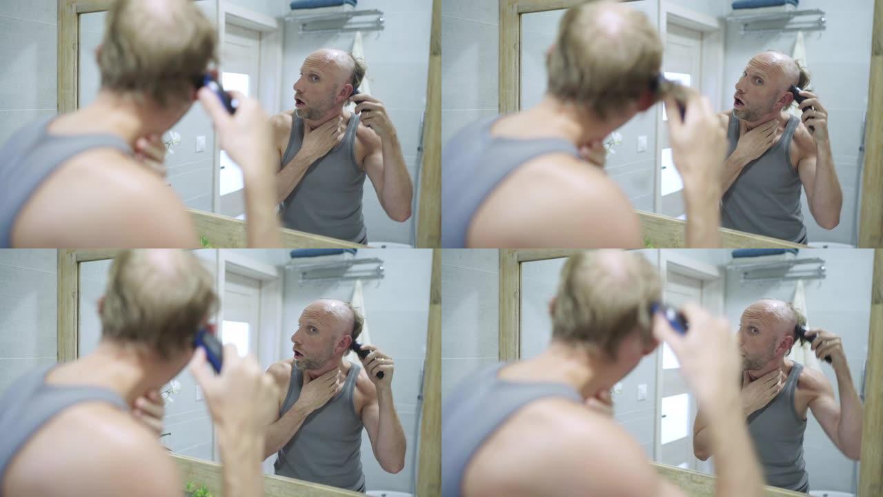 4k男子在镜子前剃光头
