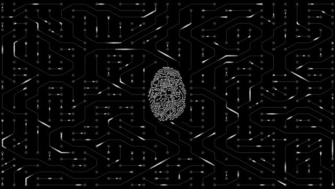 人工智能AI指纹动画，数据挖掘，深度学习现代计算机技术。用印刷电路板设计代表人工智能的指纹