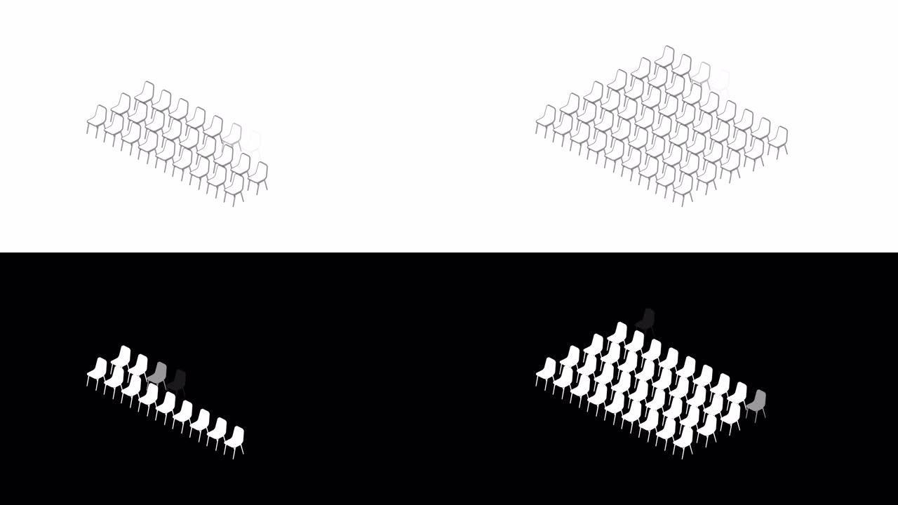 会议室设置布局配置剧院风格，白色背景动画4K上的3D虚拟等距概念设计插图，带哑光阿尔法通道的复制空间