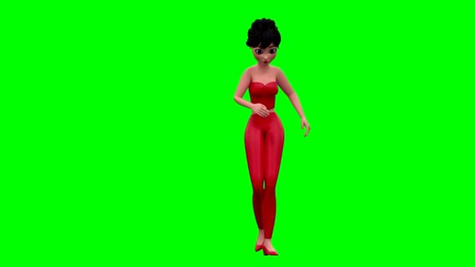 绿色屏幕上的3D红色打扮跳舞的女人