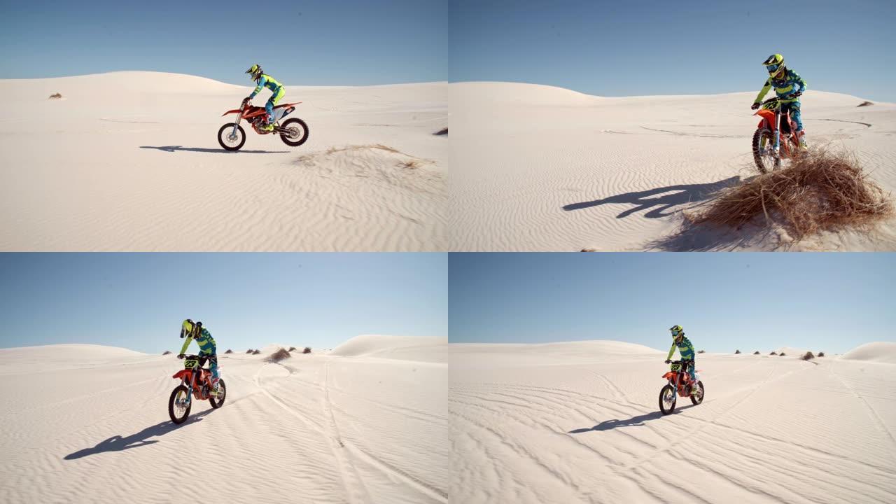 污垢骑自行车的人在沙漠中练习自己的技能