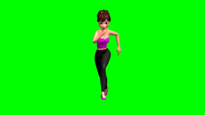 绿色盒子上3D跑步女人的循环侧视图