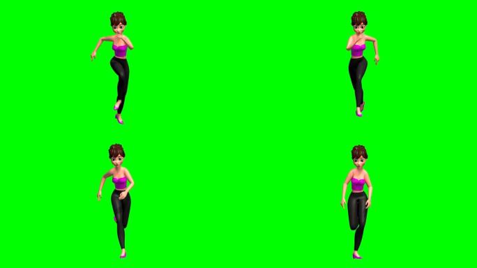 绿色盒子上3D跑步女人的循环侧视图