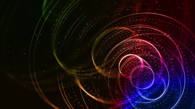 4k循环科幻背景，带有bokeh和灯光效果。辉光渐变颜色粒子形成线条，表面，球形结构作为虚拟空间或H