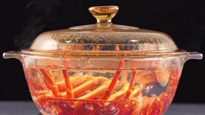 在玻璃锅中煮沸的生鲜海角龙虾，西海岸龙虾，Jasus lalandii的延时拍摄。