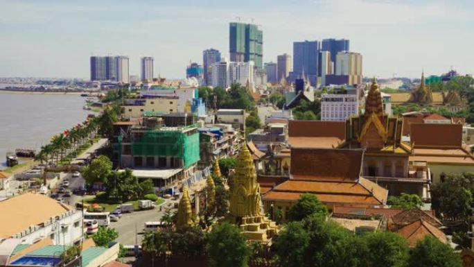 金边市市区和湄公河的摩天大楼鸟瞰图