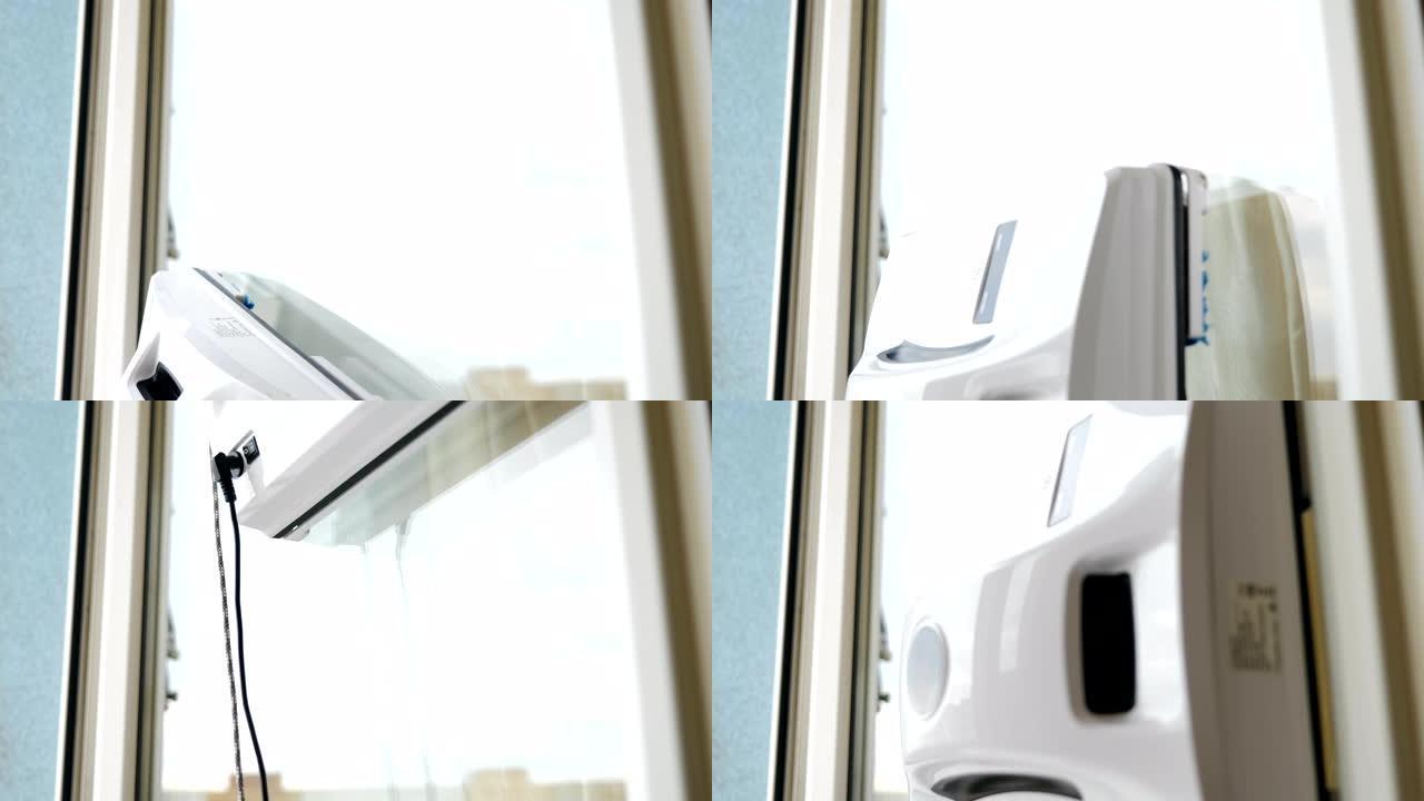 专业和机械清洁服务理念。机器人方形窗户玻璃清洗机在窗户上移动。公寓中的小型机器人玻璃洗衣机清洁窗户。