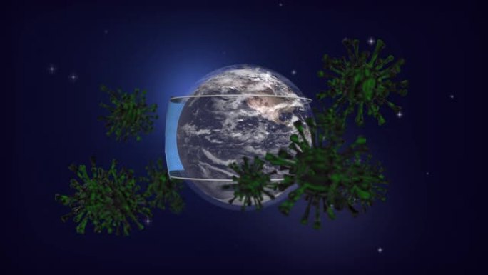 地球戴口罩保护和病毒冠状病毒 (新型冠状病毒肺炎) 漂浮在3D渲染周围。医疗保健和疫情预防概念