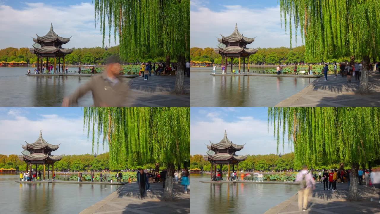 杭州市阳光明媚的夏日著名的湖湾宝塔拥挤码头全景延时4k中国