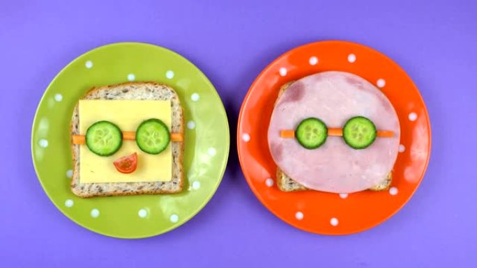 回到学校有趣的午餐概念，让孩子们的脸三明治