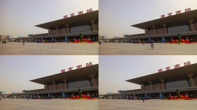 阳光明媚的日子杭州市火车总站正门广场延时全景4k中国