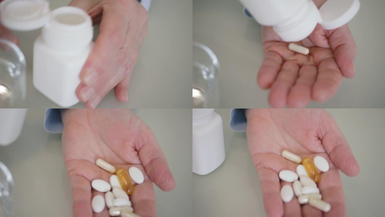 抗生素治疗的各种药丸和胶囊，止痛药，维生素和膳食补充剂倒入女性手掌，药物和保健概念，特写镜头