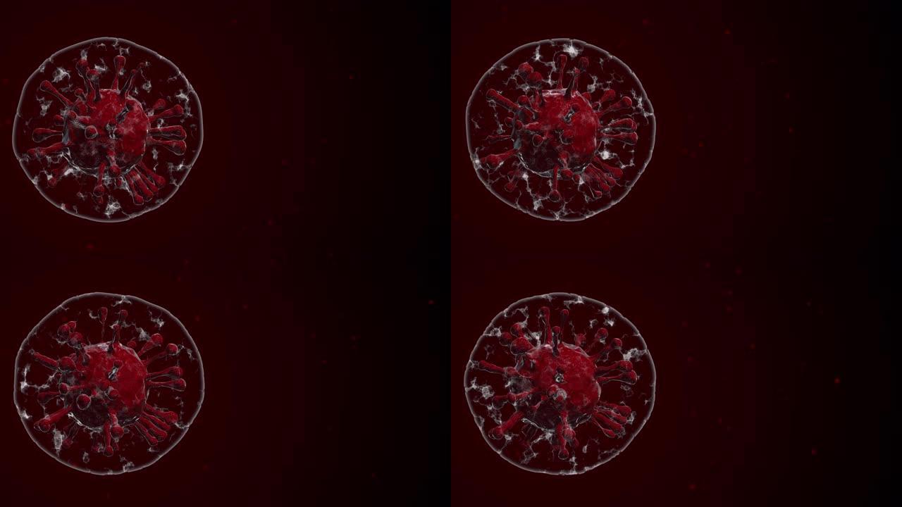 将冠状病毒 (新型冠状病毒肺炎) 与其他颗粒一起漂浮在气泡中。背景病毒单元格3D渲染。与复制空间