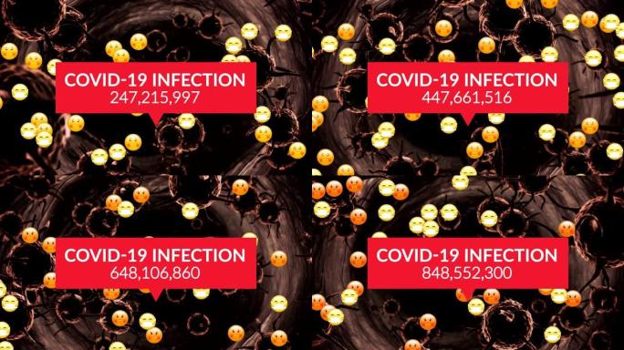 新型冠状病毒肺炎感染和数字增加的动画，表情符号图标超过新型冠状病毒肺炎