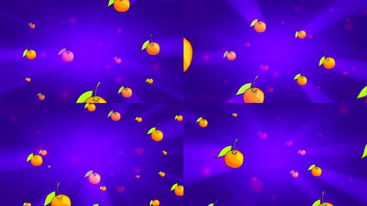 多汁的石榴平稳地从紫色背景上旋转的明亮光芒中移动。3D无缝动画。