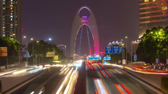 夜间照明广州市著名繁忙交通道桥全景延时4k中国