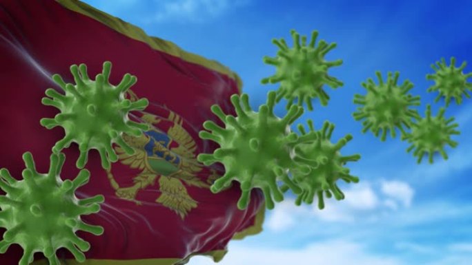冠状病毒新型冠状病毒肺炎以4k分辨率飞向天空或从黑山国旗清洗